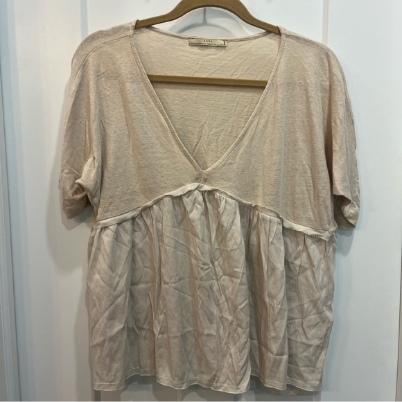 Zara Tan Beige Short Sleeve Boho Gauzy Bottom Top Size Medium Style 0264/033/711 - Picture 1 of 8